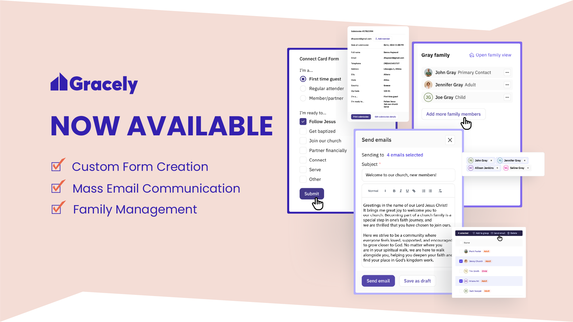 Custom forms, send emails & family management