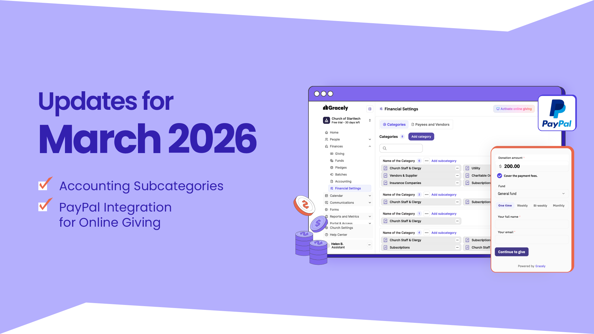 March Update: PayPal Integration & Accounting Subcategories